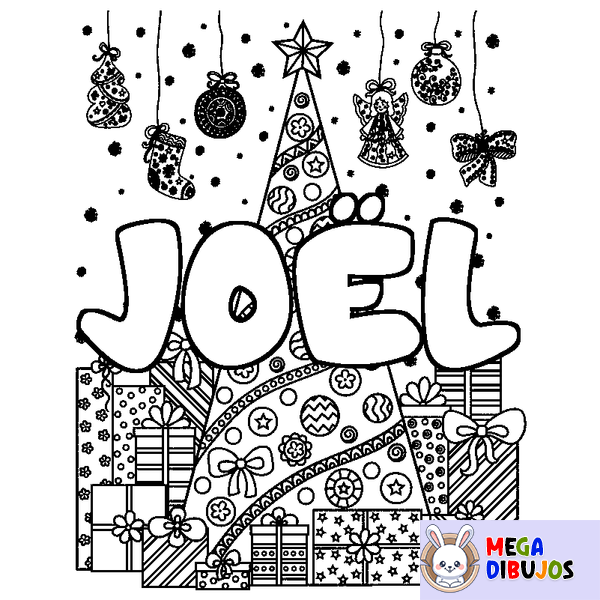 Coloraci&oacute;n del nombre JO&Euml;L - decorado &aacute;rbol de Navidad y regalos