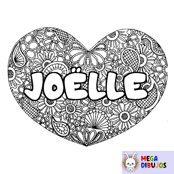 Coloraci&oacute;n del nombre JO&Euml;LLE - decorado mandala de coraz&oacute;n