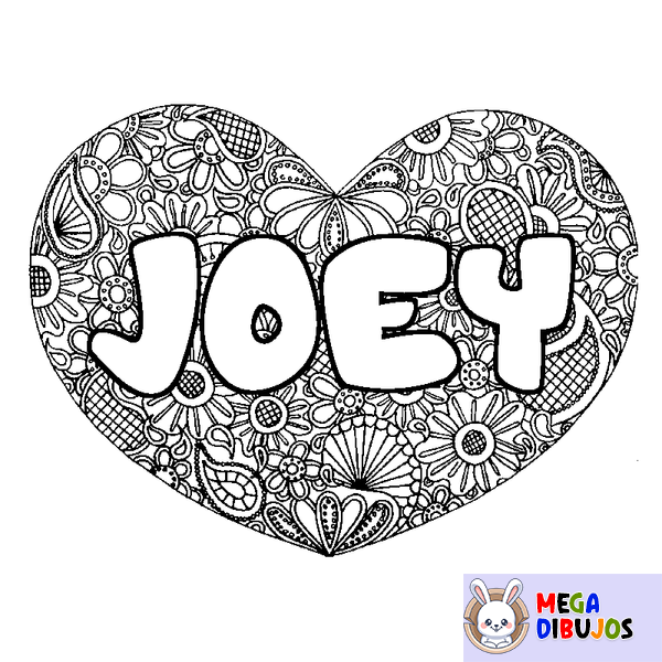 Coloraci&oacute;n del nombre JOEY - decorado mandala de coraz&oacute;n