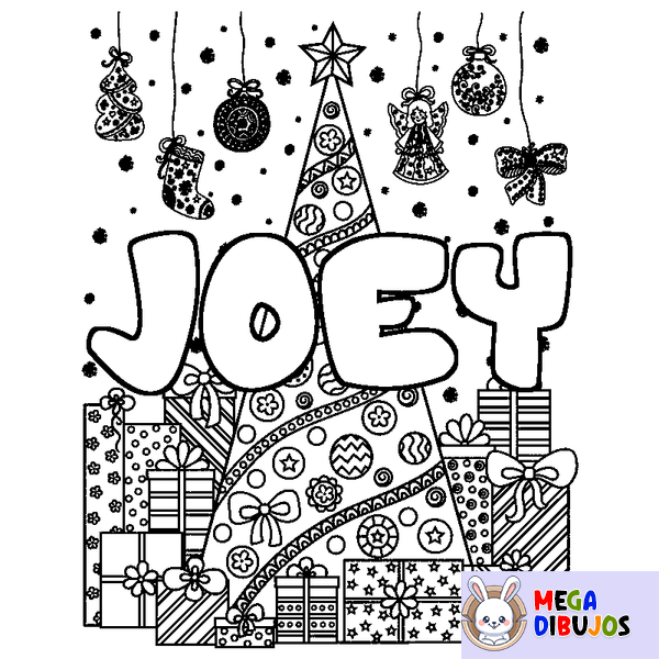 Coloraci&oacute;n del nombre JOEY - decorado &aacute;rbol de Navidad y regalos