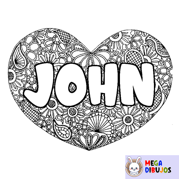 Coloraci&oacute;n del nombre JOHN - decorado mandala de coraz&oacute;n