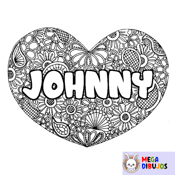 Coloraci&oacute;n del nombre JOHNNY - decorado mandala de coraz&oacute;n