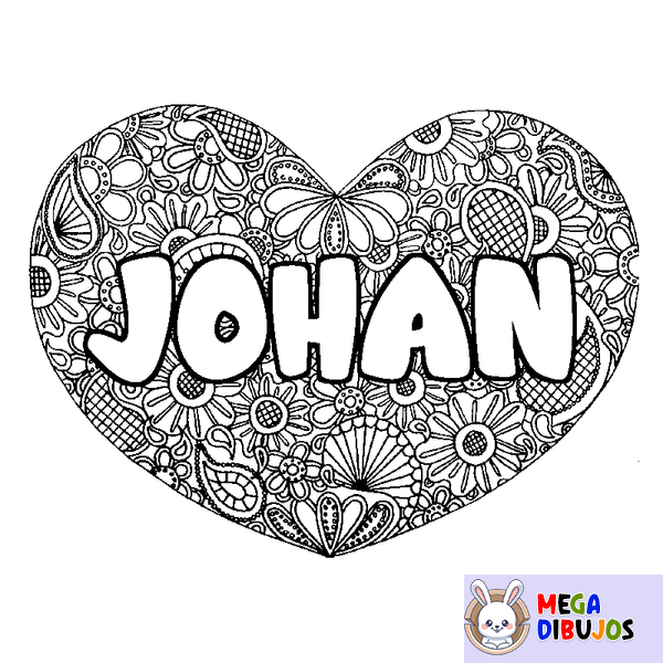 Coloraci&oacute;n del nombre JOHAN - decorado mandala de coraz&oacute;n