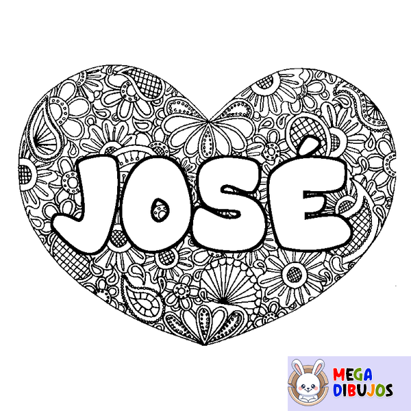 Coloraci&oacute;n del nombre JOS&Eacute; - decorado mandala de coraz&oacute;n