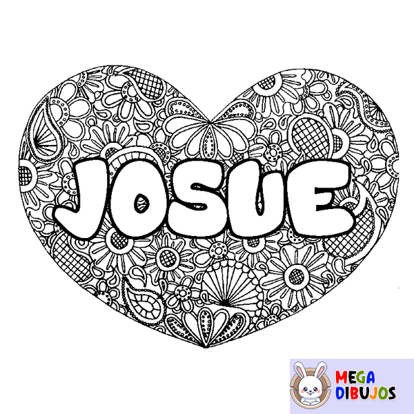 Coloraci&oacute;n del nombre JOSUE - decorado mandala de coraz&oacute;n