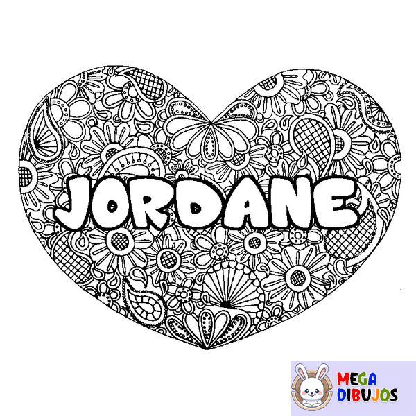 Coloraci&oacute;n del nombre JORDANE - decorado mandala de coraz&oacute;n