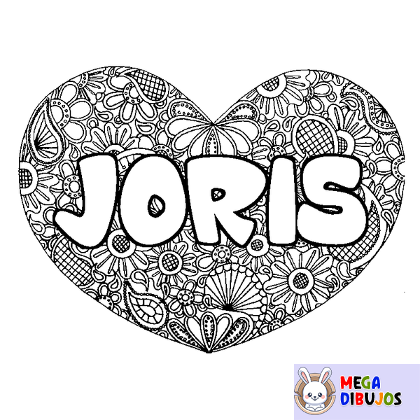 Coloraci&oacute;n del nombre JORIS - decorado mandala de coraz&oacute;n