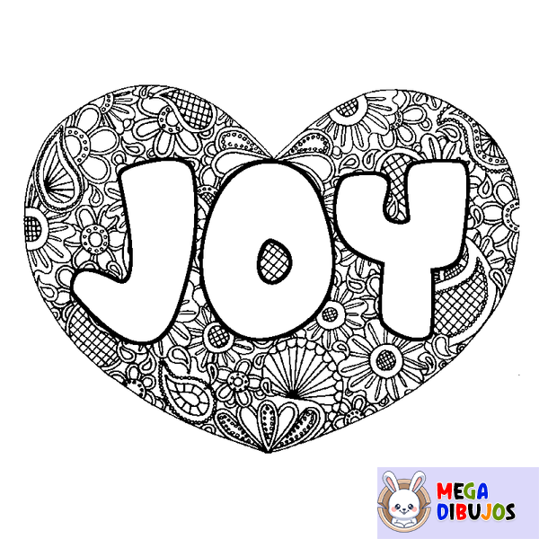 Coloraci&oacute;n del nombre JOY - decorado mandala de coraz&oacute;n