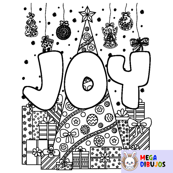 Coloraci&oacute;n del nombre JOY - decorado &aacute;rbol de Navidad y regalos