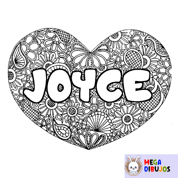 Coloraci&oacute;n del nombre JOYCE - decorado mandala de coraz&oacute;n