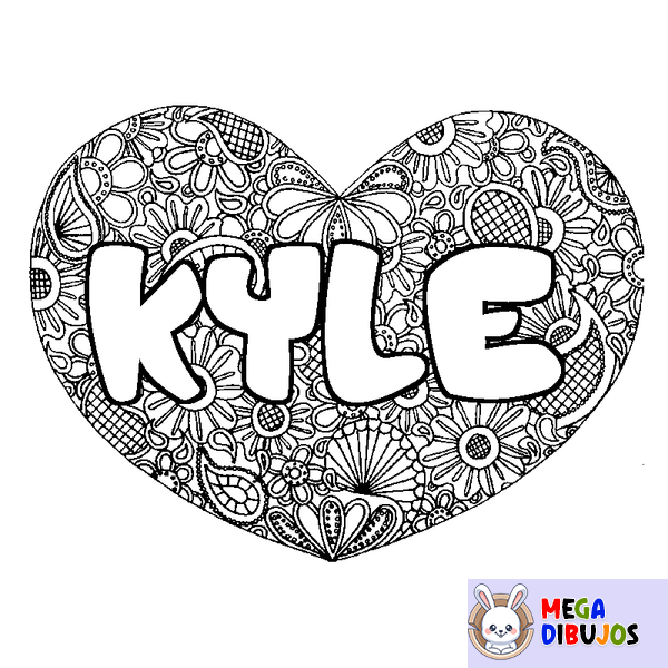 Coloraci&oacute;n del nombre KYLE - decorado mandala de coraz&oacute;n