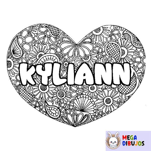Coloraci&oacute;n del nombre KYLIANN - decorado mandala de coraz&oacute;n