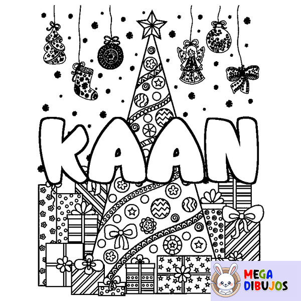 Coloraci&oacute;n del nombre KAAN - decorado &aacute;rbol de Navidad y regalos