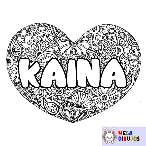 Coloraci&oacute;n del nombre KAINA - decorado mandala de coraz&oacute;n