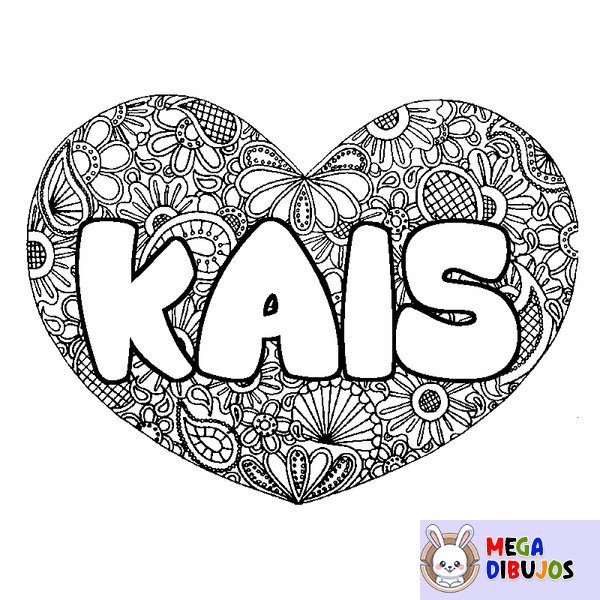 Coloraci&oacute;n del nombre KAIS - decorado mandala de coraz&oacute;n