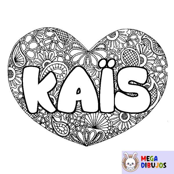 Coloraci&oacute;n del nombre KA&Iuml;S - decorado mandala de coraz&oacute;n