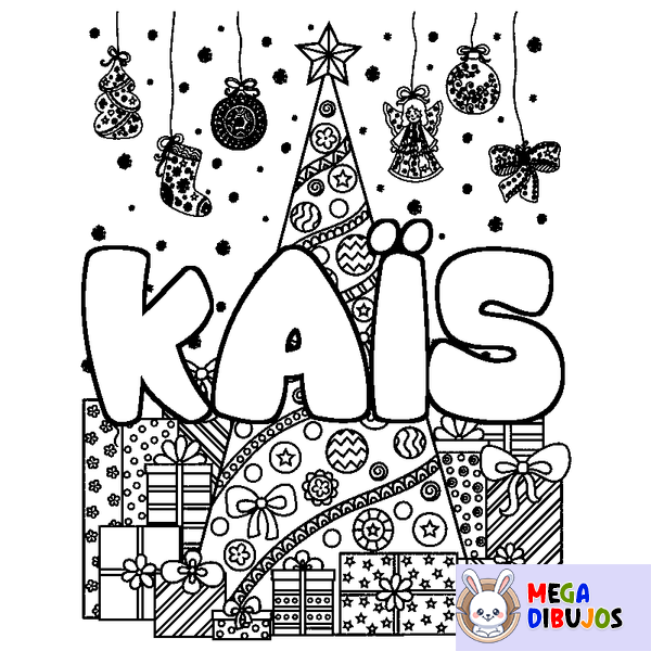 Coloraci&oacute;n del nombre KA&Iuml;S - decorado &aacute;rbol de Navidad y regalos
