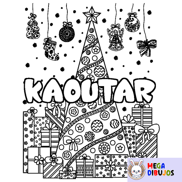 Coloraci&oacute;n del nombre KAOUTAR - decorado &aacute;rbol de Navidad y regalos