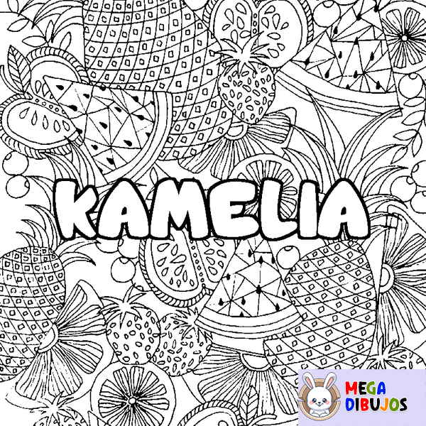 Coloraci&oacute;n del nombre KAMELIA - decorado mandala de frutas