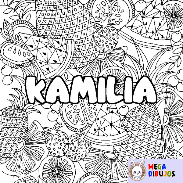 Coloraci&oacute;n del nombre KAMILIA - decorado mandala de frutas