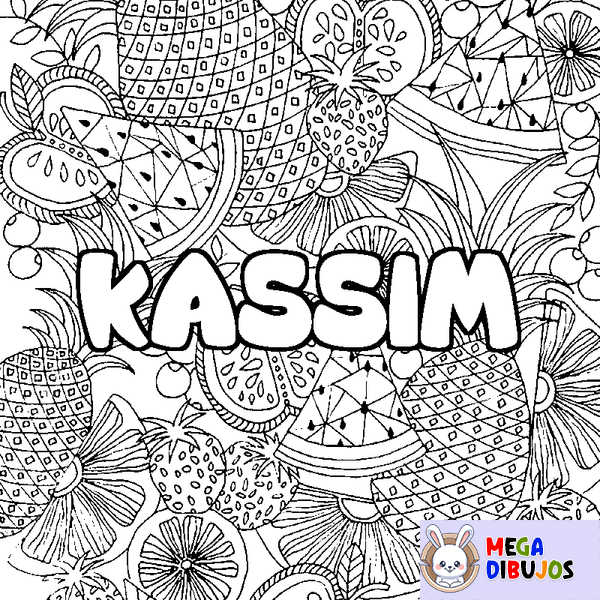 Coloraci&oacute;n del nombre KASSIM - decorado mandala de frutas
