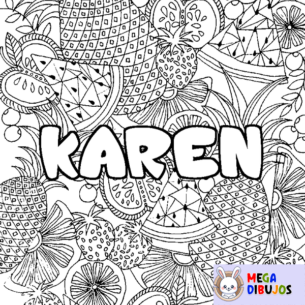 Coloraci&oacute;n del nombre KAREN - decorado mandala de frutas