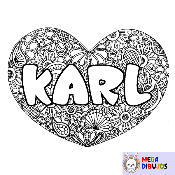 Coloraci&oacute;n del nombre KARL - decorado mandala de coraz&oacute;n