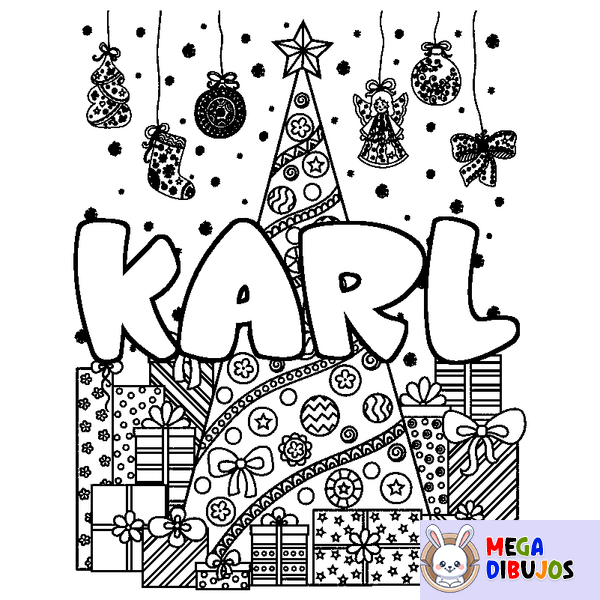 Coloraci&oacute;n del nombre KARL - decorado &aacute;rbol de Navidad y regalos