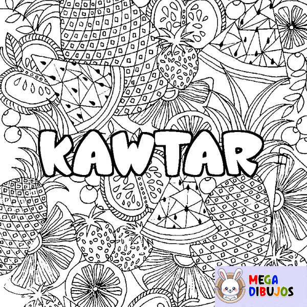 Coloraci&oacute;n del nombre KAWTAR - decorado mandala de frutas