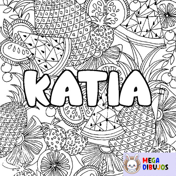 Coloraci&oacute;n del nombre KATIA - decorado mandala de frutas