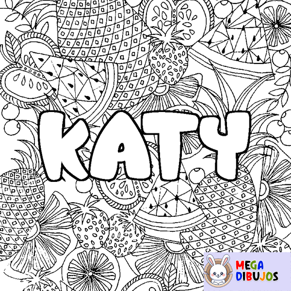 Coloraci&oacute;n del nombre KATY - decorado mandala de frutas