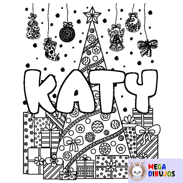 Coloraci&oacute;n del nombre KATY - decorado &aacute;rbol de Navidad y regalos