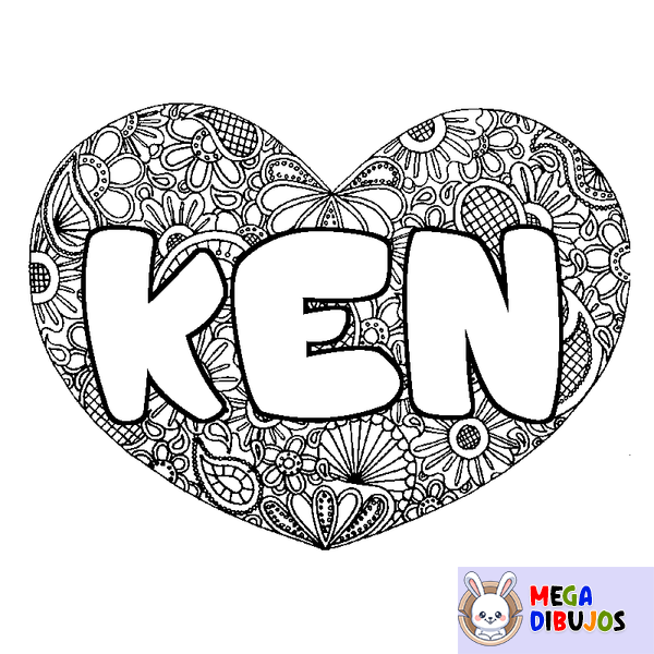 Coloraci&oacute;n del nombre KEN - decorado mandala de coraz&oacute;n