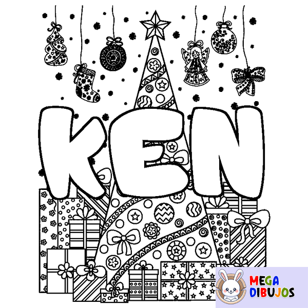 Coloraci&oacute;n del nombre KEN - decorado &aacute;rbol de Navidad y regalos