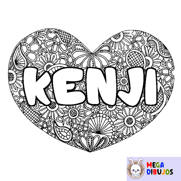 Coloraci&oacute;n del nombre KENJI - decorado mandala de coraz&oacute;n