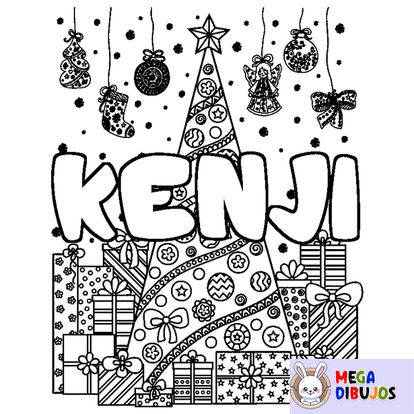 Coloraci&oacute;n del nombre KENJI - decorado &aacute;rbol de Navidad y regalos