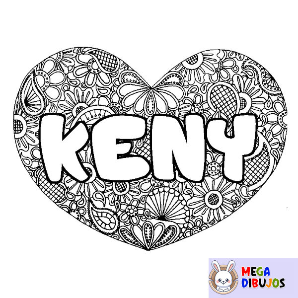 Coloraci&oacute;n del nombre KENY - decorado mandala de coraz&oacute;n