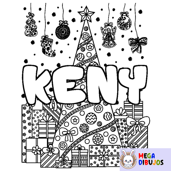 Coloraci&oacute;n del nombre KENY - decorado &aacute;rbol de Navidad y regalos