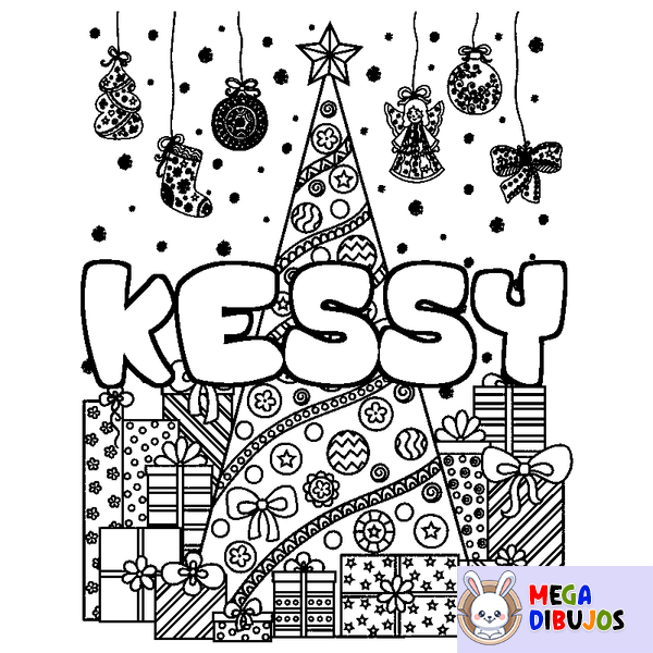 Coloraci&oacute;n del nombre KESSY - decorado &aacute;rbol de Navidad y regalos