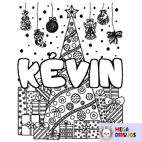 Coloraci&oacute;n del nombre K&Eacute;VIN - decorado &aacute;rbol de Navidad y regalos
