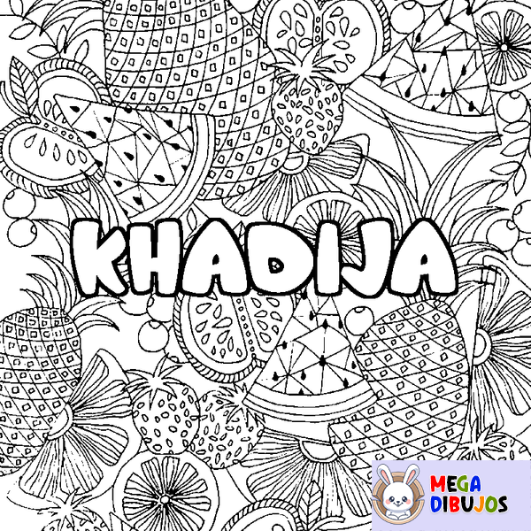Coloraci&oacute;n del nombre KHADIJA - decorado mandala de frutas