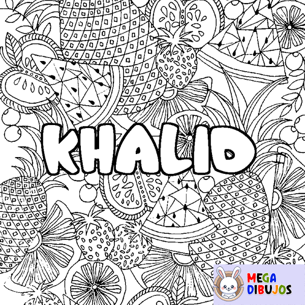 Coloraci&oacute;n del nombre KHALID - decorado mandala de frutas