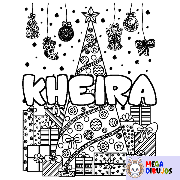 Coloraci&oacute;n del nombre KHEIRA - decorado &aacute;rbol de Navidad y regalos