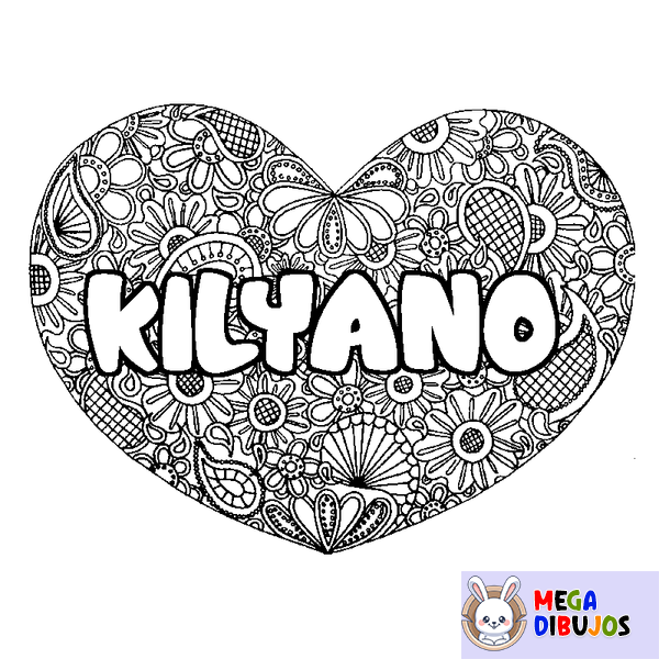 Coloraci&oacute;n del nombre KILYANO - decorado mandala de coraz&oacute;n