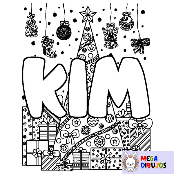 Coloraci&oacute;n del nombre KIM - decorado &aacute;rbol de Navidad y regalos