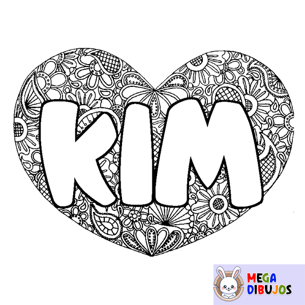 Coloraci&oacute;n del nombre KIM - decorado mandala de coraz&oacute;n