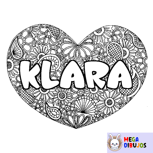 Coloraci&oacute;n del nombre KLARA - decorado mandala de coraz&oacute;n