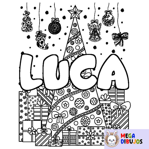 Coloraci&oacute;n del nombre LUCA - decorado &aacute;rbol de Navidad y regalos