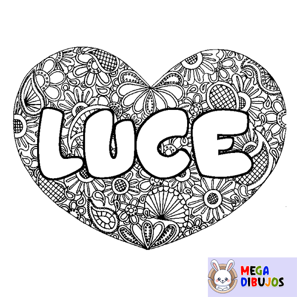 Coloraci&oacute;n del nombre LUCE - decorado mandala de coraz&oacute;n