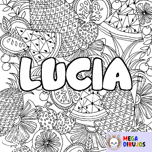 Coloraci&oacute;n del nombre LUCIA - decorado mandala de frutas
